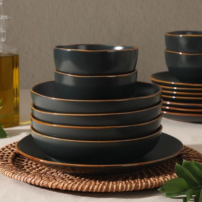 Gibson Home Hazeltine 16-Piece Black Stoneware Dinnerware Set – Plates and Bowls