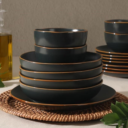 Gibson Home Hazeltine 16-Piece Black Stoneware Dinnerware Set – Plates and Bowls