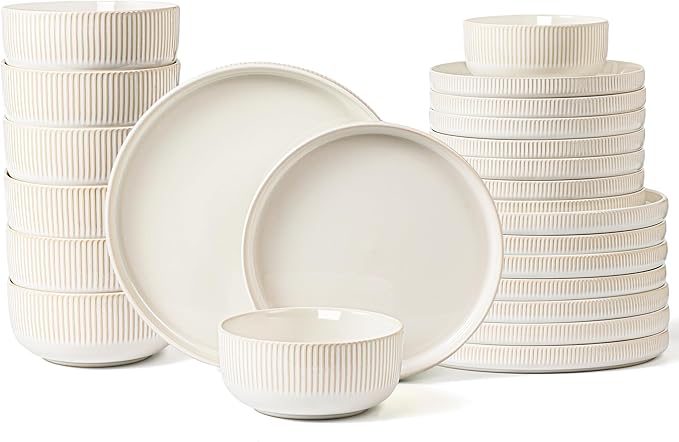 Dinnerware Sets, 24 Pieces Stoneware Plates and Bowls Set, Reactive Glaze Ceramic Dishes Set Scratch Resistant, Kitchen Dinner Set Dishwasher & Microwave Safe, Service for 8