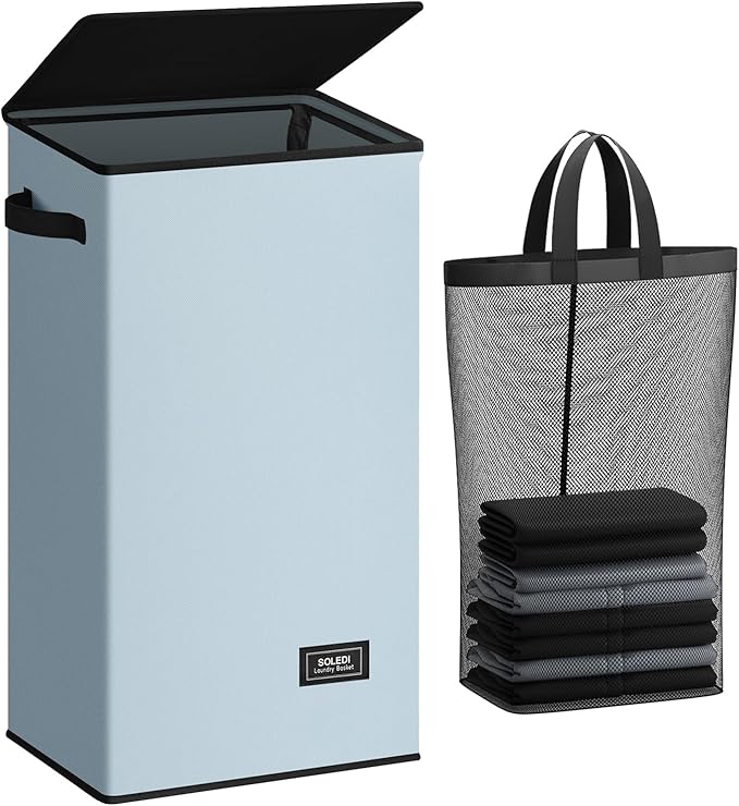 SOLEDI Laundry Hamper with Lid 100L Large & Tall Collapsible Laundry Basket, Clothes Hamper with Bag Removable Easy to Carry, Dirty Hampers for Bedroom, Bathroom, Dorm, College, Blue Grey