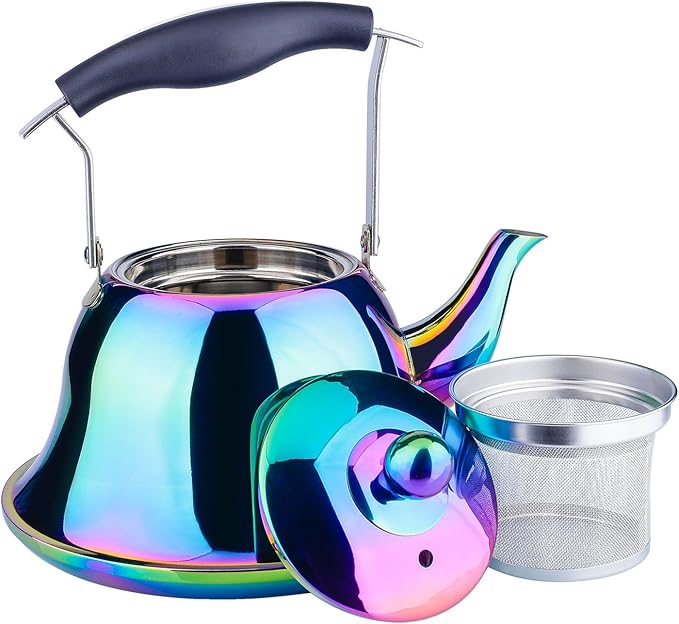 Whistling Tea Kettle Stainless Steel Stovetop Teakettle with Infuser Sturdy Teapot for Tea Coffee Fast Boiling Color Rainbow Mirror Finish 2 Liter / 2 Quart