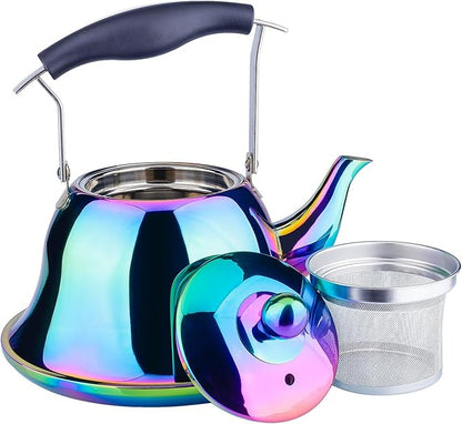 Whistling Tea Kettle Stainless Steel Stovetop Teakettle with Infuser Sturdy Teapot for Tea Coffee Fast Boiling Color Rainbow Mirror Finish 2 Liter / 2 Quart