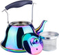 Whistling Tea Kettle Stainless Steel Stovetop Teakettle with Infuser Sturdy Teapot for Tea Coffee Fast Boiling Color Rainbow Mirror Finish 2 Liter / 2 Quart