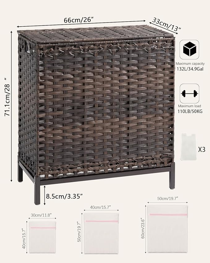 Laundry Hamper with Lid 132 L, (35 Gallons) Clothes Hamper with Lid, Handwoven Rattan Laundry Hamper with Metal Heightened Feet, Laundry Hampers with 3 Removable Liner Bags for Laundry-Brown