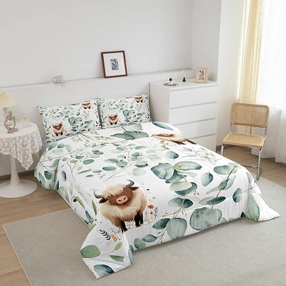 Erosebridal Boys Cartoon Animal Full Comforter Set for Kids Toddler Kawaii Cow Bedding Set Full, Highland Cattle Bull Bedding Comforter Sets Western Cowboy Duvet Set Green Eucalyptus Quilted Comforter