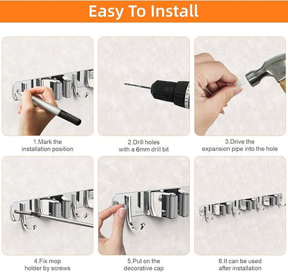 2 Pack Mop and Broom Holder Wall Mount, Non-slip Broom Hanger Wall Mount, Heavy Duty Mop Broom Organizer for Kitchen Garden Garage Laundry Room Wall Decor Organization and Storage Silver 5R4H
