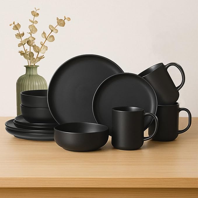 12-Piece Matte Black Dinnerware Set,Stoneware Dinnerware for 3, Microwave & Dishwasher Safe, Stackable Design for Kitchen and Dining - Plates,Bowls and Mugs