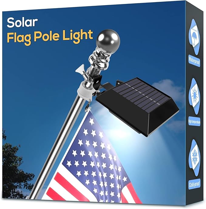 Solar Flag Pole Light, Bright White 6000k Flagpole Light Upgrade Solar Powered