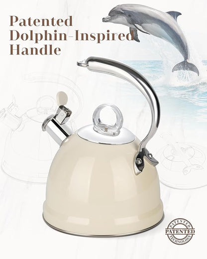 Harriet Tea Kettle Stovetop, 2.5 Quart Whistling Stainless Steel Tea Pot, 3-Layer Base, Unique Ergonomic Handle, Includes Pot Holder & Mat, Electric/Induction/Gas Stovetops Applicable, Beige White