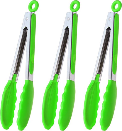 Silicone Tongs 9-Inch Stainless Steel Locking Kitchen Tongs, Set of 3 (Green)