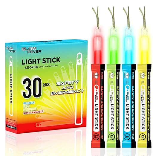 Glow Fever Emergency Safety Military Grade 6'' Lightsticks, Light Up Ultra Bright Glow Sticks with 12 Hours Duration. for Hiking Party Camping Blackouts Hurricane Shelter Survival Kit (Mixed, 30PCS)
