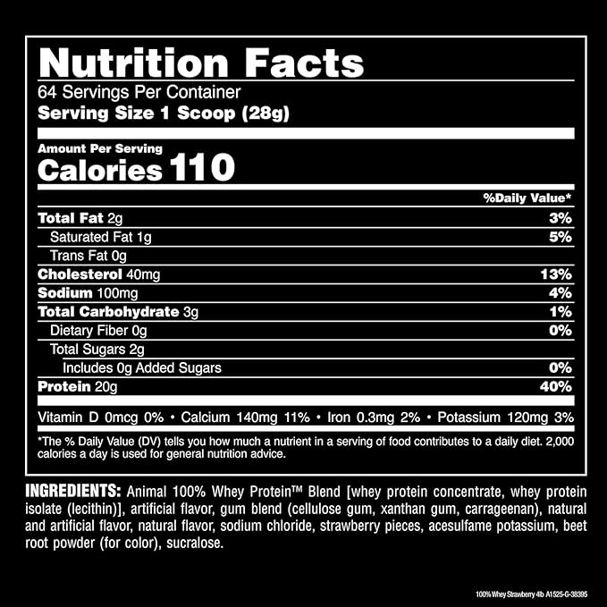 Animal 100% Whey Protein Powder – Whey Blend for Pre or Post Workout, Recovery, Anytime Low Sugar Protein Boost Meal Replacement with BCAA Branched Chain Amino Acids – New Flavor, Strawberry, 4 lb