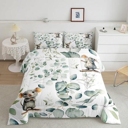 Erosebridal Kids Cute Animal Queen Size Comforter Set for Girls Boys Cartoon Mouse Bedding Set, Spring Eucalyptus Down Comforter Watercolor Leaves Bed Set, Kawaii Animal Mice Quilted Duvet