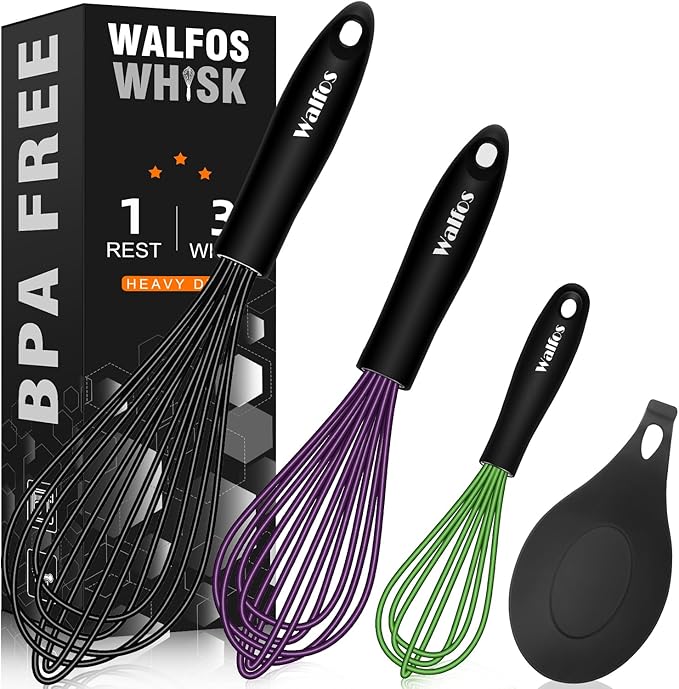 Walfos Silicone Whisk With 8in Rest,Whisks for Cooking Non Scratch,7.5+9+11in Whisk for Nonstick Cookware,Dishwasher Safe,Rest for Kitchen Counter Wisk Perfect for Blending, Baking, Beating, Set of 4