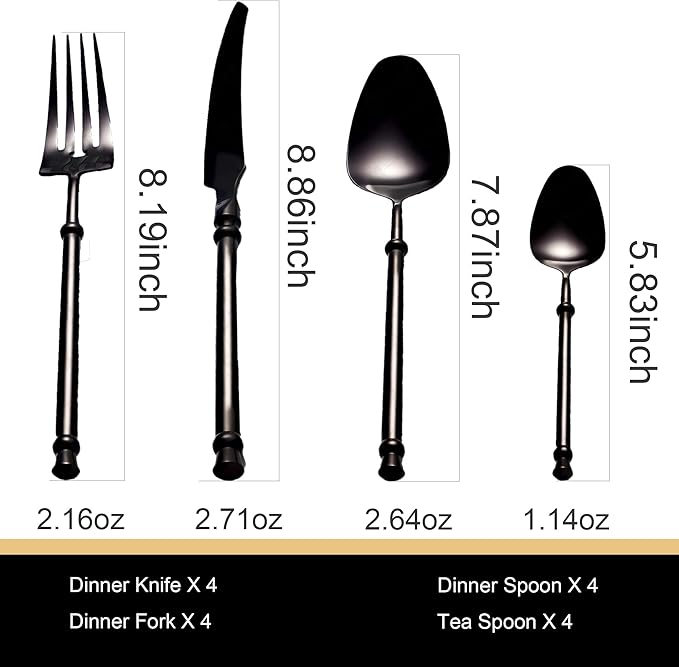 Black Silverware Set for 4 Unique 18/10 Stainless Steel 16 Piece Flatware Sets Mirror Polished Elegant Cutlery Utensils Set for Home Kitchen Dishwasher Safe Nice Weight