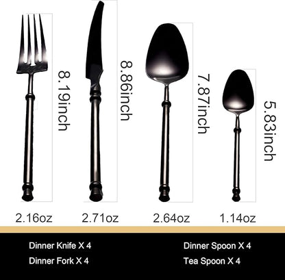 Black Silverware Set for 4 Unique 18/10 Stainless Steel 16 Piece Flatware Sets Mirror Polished Elegant Cutlery Utensils Set for Home Kitchen Dishwasher Safe Nice Weight