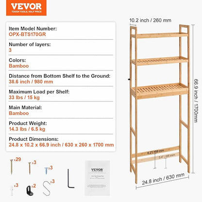 VEVOR Over The Toilet Storage, 3-Tier Adjustable Over Toilet Bathroom Organizer, Bamboo Storage Shelf Rack with 3 Hooks, Freestanding Easy Assembly Laundry Space Saver, Fit Most Toilets