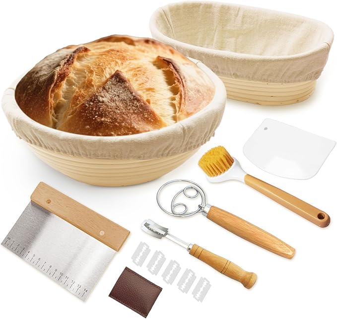 Banneton Bread Proofing Basket Set - 9" Round & 10" Oval Sourdough Baking Kit, Natural Indonesian Rattan with Linen Liners, Bread Lame, Danish Dough Whisk, Bowl Scraper and Sourdough Scraper