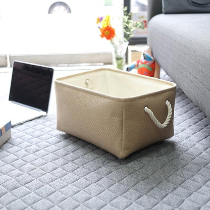 TheWarmHome Decorative Basket Rectangular Small Storage Basket Fabric Storage Bin Organizer Basket with Handles for Clothes Storage (Beige, 11.8L×7.9W×5.2H inch)