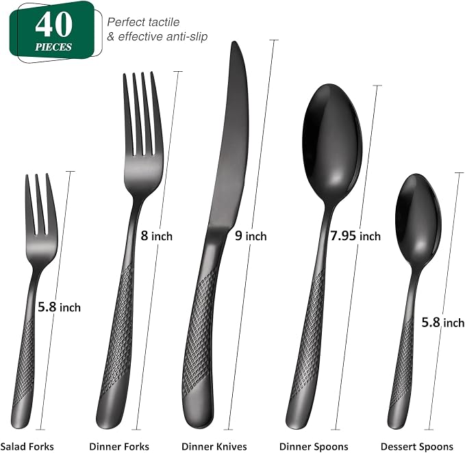 20-Piece Modern Black Hammered Silverware Set, 18/10 Stainless Steel Flatware