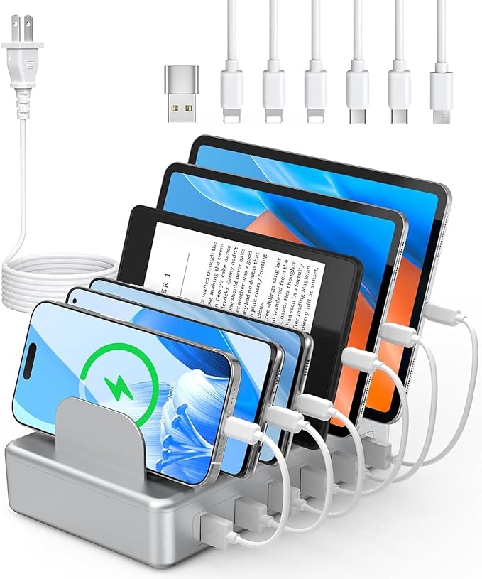 CREATIVE DESIGN 6 Port Charging Station for Multiple Devices,50W Multi Phone Charging Station with 6 Cables, Multiple USB Charger Station Designed for Cellphone iPad iPhone Tablet (Silver)