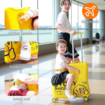 Kids' Lightweight Ride on Luggage with Spinner Wheels & Foldabe Design (Yellow Study, 20"+ Aged 1-3 Toddler),Children Holiday Birthday Gift