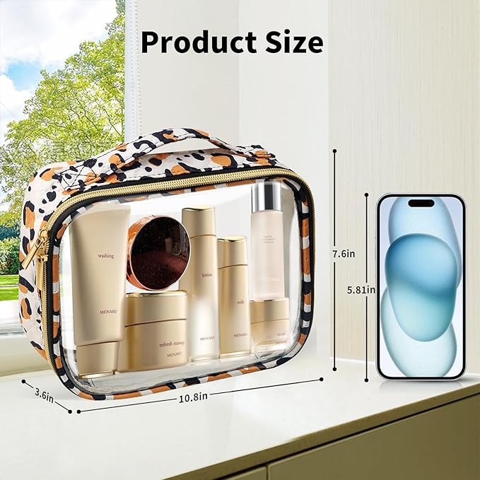 Travel Toiletry Bag,2 Pack Clear Makeup Bags with Handles,180°Opening Clear Cosmetic Bags for Traveling Women,Men,Travel Essentials,Leopard