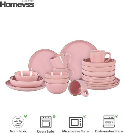 HomeVss 20-Piece Dinnerware Set - Serves 4, Shiny Glaze Pink with Speckle Effect Plates & Bowls Set | Microwave & Dishwasher Safe