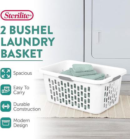 Sterilite Laundry Basket, Plastic Clothes Hamper, Large Rectangle Bin with Comfort Grip Handles and Reinforced Rim, 2 Bushel Capacity, White, 18 Pack