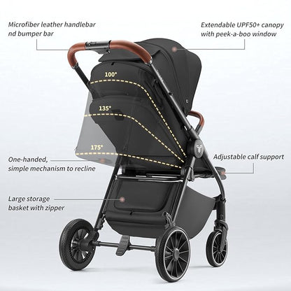 Tinyiota Baby Stroller, Infant Stroller with Large UPF 50+ Canopy,Luxury Pram Strollers with Leather Handle & Spacious Seat, One-Hand Foldable Pushchair, Toddler Carriage with Lie-Flat Mode(Black)