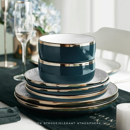 Porcelain Dinnerware Sets, 12 Piece Luxury China Plates and Bowls Sets, Green Dishes Set Gold Rim for Wedding Anniversary Birthday, Modern Dinner Plates Set
