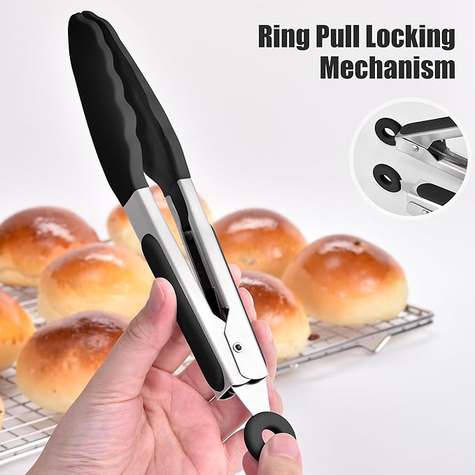Doosu Kitchen Tongs for Cooking - 600°F Heat Resistant Food Tong with Non-Scratch Silicone Tips, Heavy Duty Stainless Steel Locking Tong for BBQ, Grilling Steak, Serving Salad, Pasta (7in, Black)
