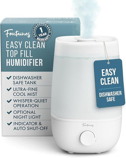 Fontaines Luxury Top-Fill Cool Mist Humidifier - 360° Ultra-Fine Spray, Whisper-Quiet Operation, Dishwasher-Safe Tank, Nightlight & Auto Shut-Off, Easy to Clean for Home, Bedroom, Baby Nursery