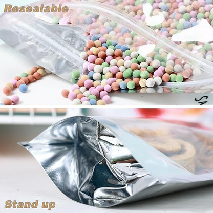 150-pack 7” x 10” Stand Up Mylar Bags with Clear Window 1 Quart Resealable Silver Aluminum Foil Pouches for Food Storage Smell Proof Edible Packaging Bag for Small Business Bulk