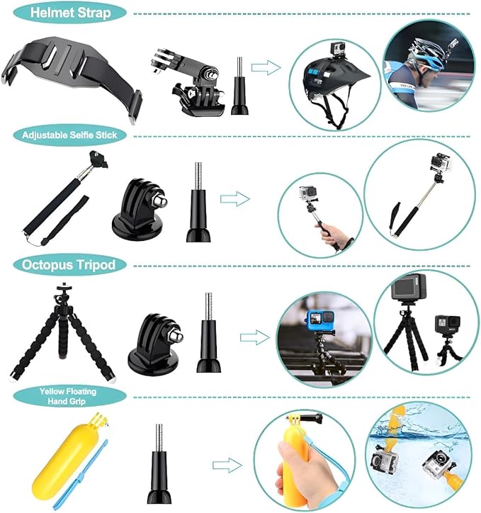 61 in 1 Action Camera Accessories Kit for GoPro Hero 13 12 11 10 9 8 7 6, Gopro Max, GoPro Fusion, Xiaomi, Insta360, DJI Osmo Action, AKASO APEMAN, Campark, SJCAM