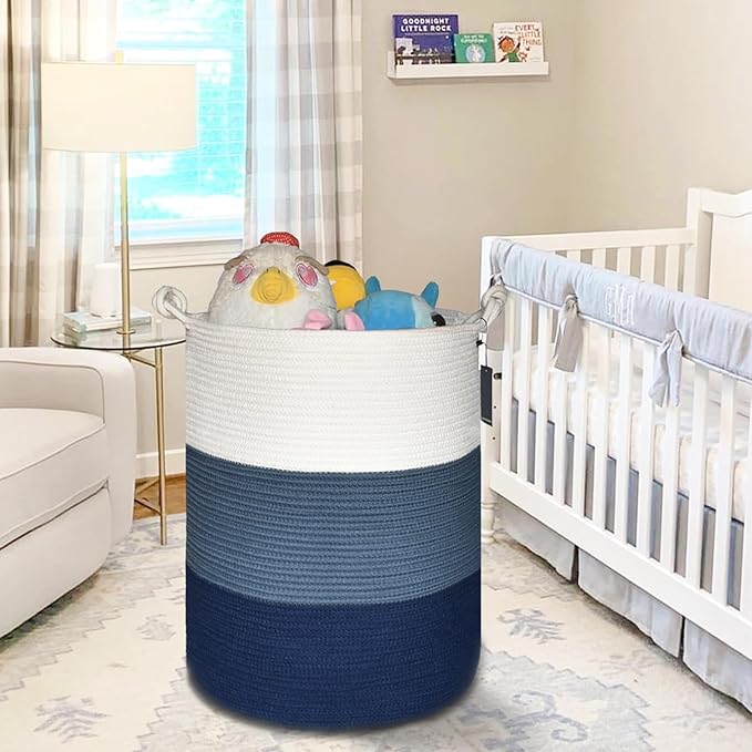 COMSE Extra Large Blanket Basket, Tall Woven Storage Basket, Nursery Hamper, 15.7”x 21.7”, Cotton Rope Laundry Hamper for Toys Clothes Towels, White/Cadet Blue/Navy Blue