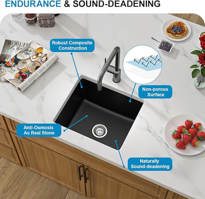 18 Granite Composite Bar Sink - Donsdey 18”×16” Undermount Granite Kitchen Sink Black Quartz Classic Composite Under Counter Single Bowl Bar Prep RV Sinks Basin