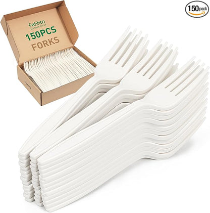 100% Compostable Fork, 7" 150pcs Disposable Cornstarch Forks Heavy Duty Cutlery BPI Certified Eco-Friendly Utensils Biodegradable Party Dinner Supplies No Plastic, Ivory White