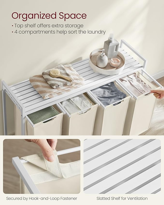 VASAGLE Laundry Hamper, Laundry Basket, Laundry Sorter with 4 Pull-Out and Removable Bags, Shelf, Metal Frame, 4 x 10.6 Gallons (40 L), 45.7 x 13 x 28.4 Inches, Cream White and Cloud White UBLH401W01