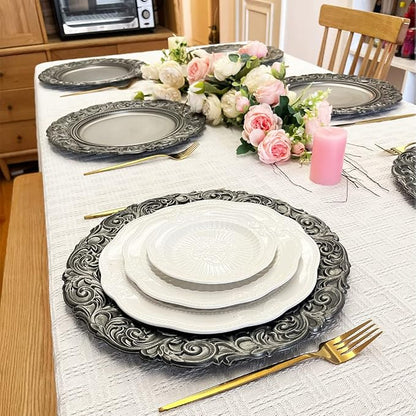Antique Silver Charger Plates Embossed Rim, 13 Inch Dinner Plate Chargers Round
