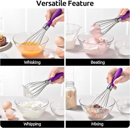 U-Taste 9" Small Egg Whisk: 18/10 Stainless Steel Kitchen Cooking Wire Balloon Wisk, Heavy Duty Metal Beater Stirrer, Manual Baking Tool with 6 Flex Wires for Hand Mixing, Blending Sauce (Purple)