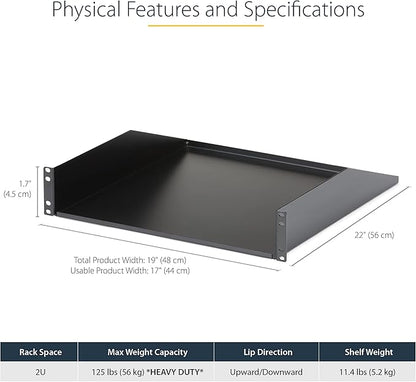 StarTech.com 2U Server Rack Shelf - Universal Rack Mount Cantilever Shelf for 19" Network Equipment Rack & Cabinet - Heavy Duty Steel – Weight Capacity 125lb/56kg - 18" Deep Tray, Black (CABSHELFHD)