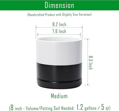D'vine Dev 8.2 Inch Ceramic Planter Pot with Drainage Hole and Saucer, Indoor Cylinder Round Planter Pot, Layered Monochrome Black & White, 94-O-D-L
