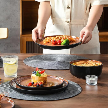 vancasso Plates and Bowls Sets, 24 Pieces Stoneware Dinnerware Sets for 8, Kitchen Dish Set Mircowave and Dishwasher Safe Ceramic Dishware, Dark Brown, Series AMBER