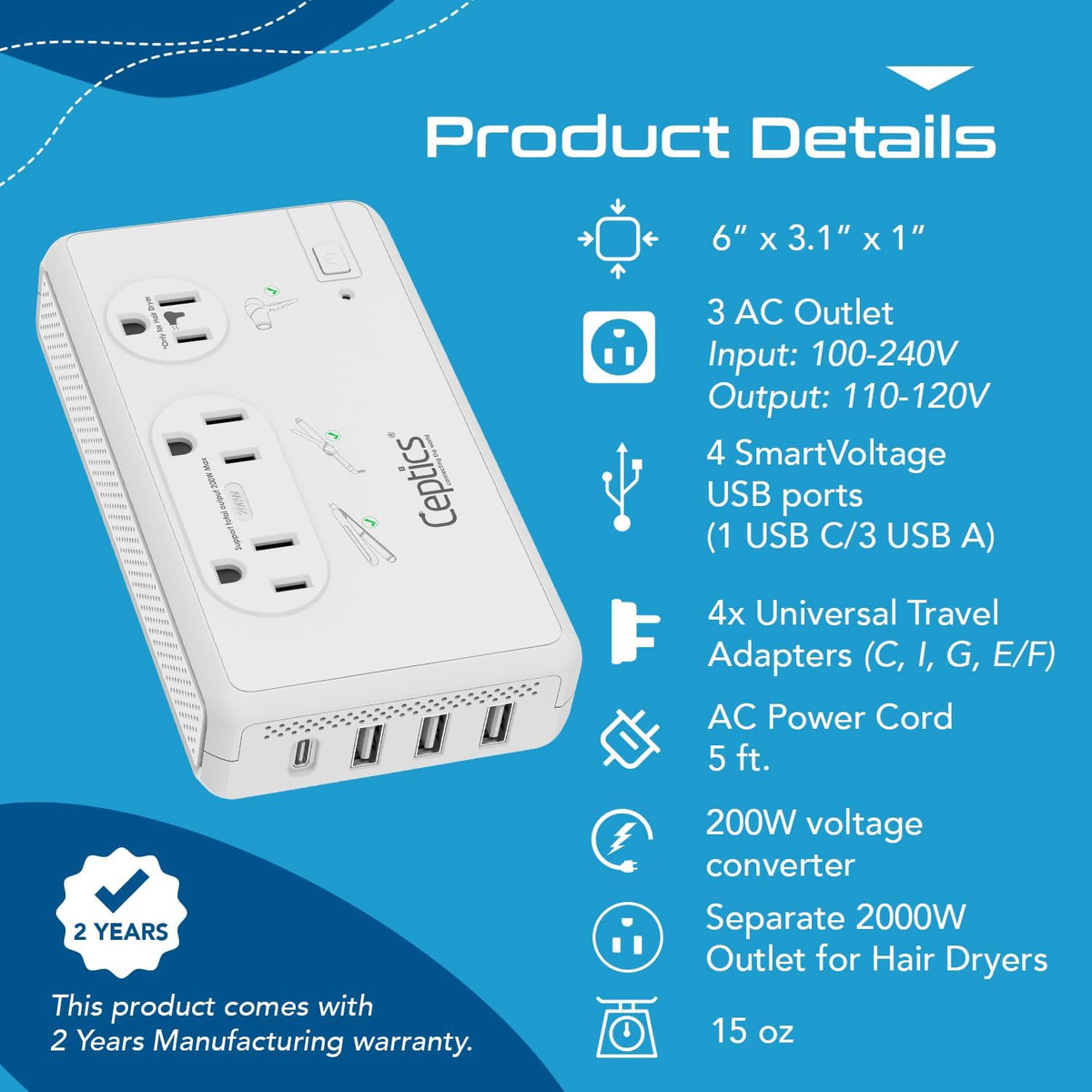 Ceptics Voltage Converter for Travel, 220V to 110V Converter w/Type C, E/F, G, I Plugs, 2000W Outlet for Hair Dryers, 4 USB w/ 1 USB-C PD 18W Fast Charge, for Curling Iron, Straightener, Chargers