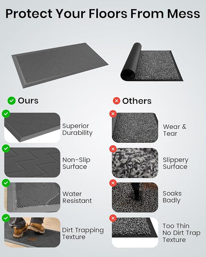 HAMARA Front Door Mat for Outside Entrance 35.5"x17" – Anti-Slip Dirt-Trapping Waterproof Rubber Indoor & Outdoor Mat with Textured Surface for Entryway - Heavy Duty All Weather Doormat – Grey