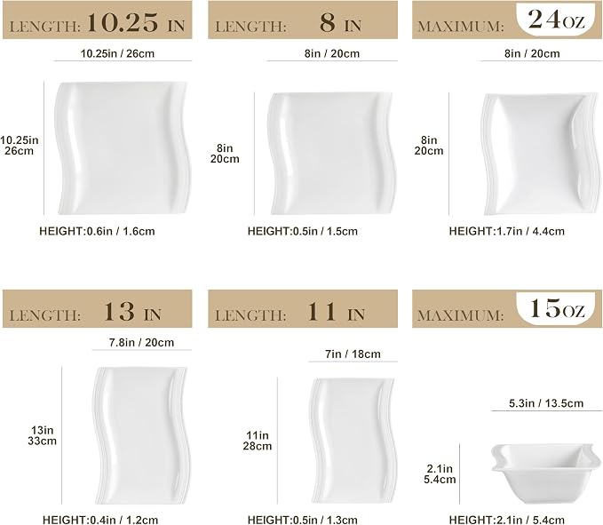 MALACASA Plates and Bowls Sets, 26 Pieces Ivory White Porcelain Dinnerware Sets