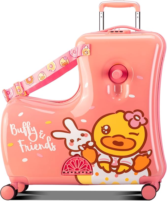 Kids' Lightweight Ride on Luggage with Spinner Wheels & Foldabe Design (Pink Rabbit, 24"+ Aged 3-12 Toddler)