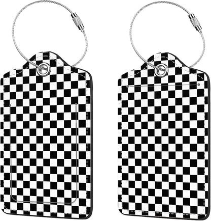 2 Pcs Luggage Tags for Suitcases, PU Leather Cruise Ship Luggage Tags with Privacy Cover Label Address Card and Durable Metal Ring Suitable for Men Women Handbags Backpacks,Black and White Square