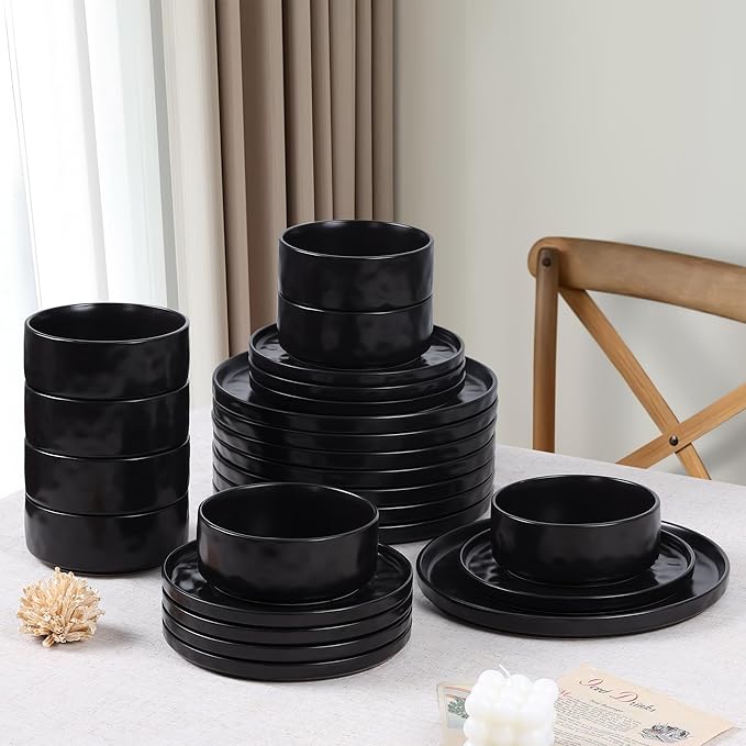 LIANYU Stoneware Dinnerware Dishes Sets for 8, 24 Piece Plates and Bowls Dishware Set, Ceramic Dinning Ware Includes Dinner Salad Plates, Cereal Bowls, Chip & Scratch Resistant, Obsidian Matte Black